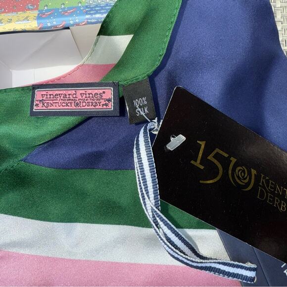 Vineyard Vines NWT Kentucky Derby 150th 100% Silk Pocket Square Blue Green Pink - Picture 4 of 6
